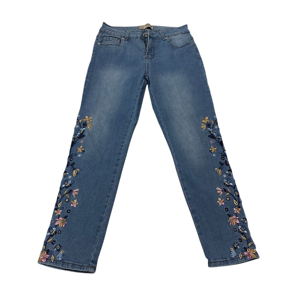 Sandpiper Floral Embroidered Straight Leg Jeans Blue Denim Size 8P Boho